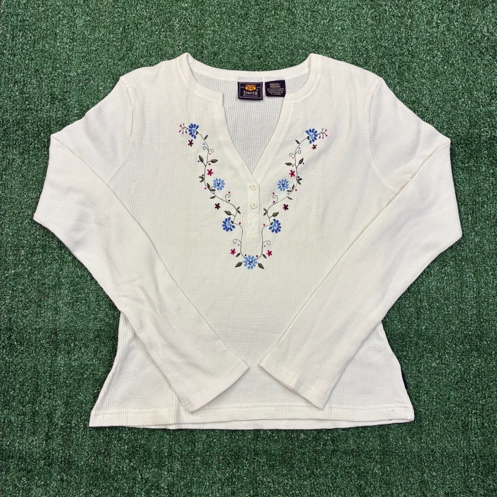 Y2K Route 66 Floral Embroidered Waffle Knit Thermal Top